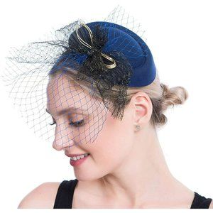 Women Pillbox with Veil Flower Feathers Hats Headband